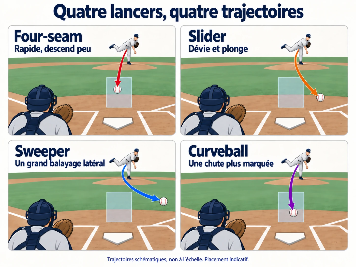 Quatre trajectoires de lancers comparées : la four-seam descend peu, la slider dévie et plonge, le sweeper balaie largement sur le côté et la curveball chute davantage.